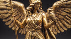 Statua Atena Alata dorata con civetta e lancia, scultura mitologica per studio e regalo raffinato