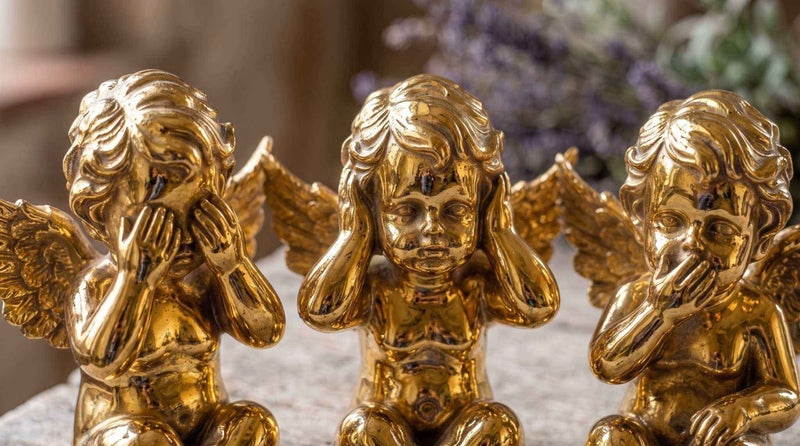 Set di 3 angioletti dorati lucidi in posa "Non vedo, non sento, non parlo" decorazione barocca elegante