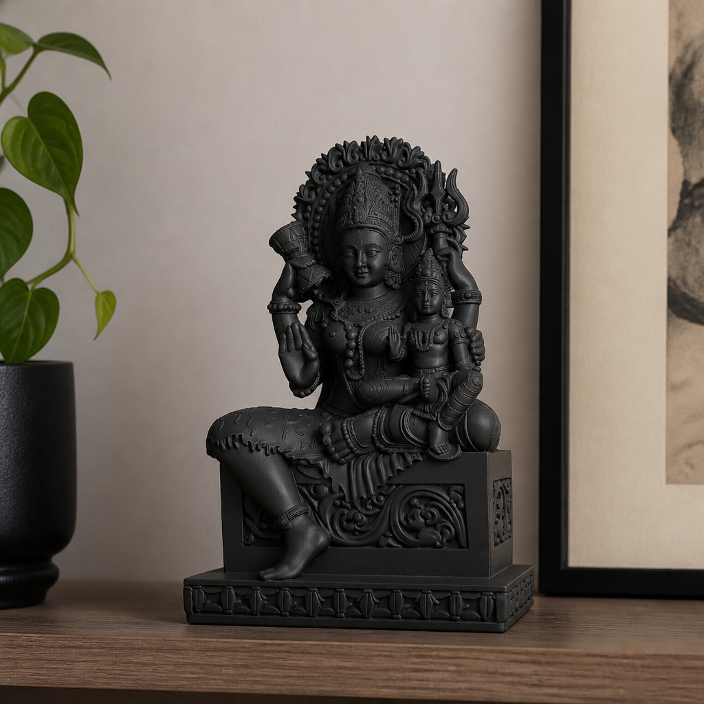 Statua Divinità Indù con Bambino in Resina Nera Opaca | Scultura Shiva Parvati Ganesha Arte Orientale