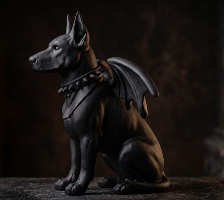 Statua Cane Gargoyle Nera – Statuetta Doberman Fantasy da Collezione e Arredo Gotico - Bat dog