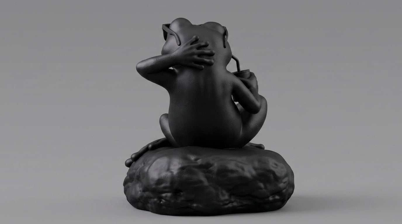 Statua Rana Relax Nera Opaca con Occhiali da Sole – Statuetta Decorativa Divertente e Modern Design in Resina