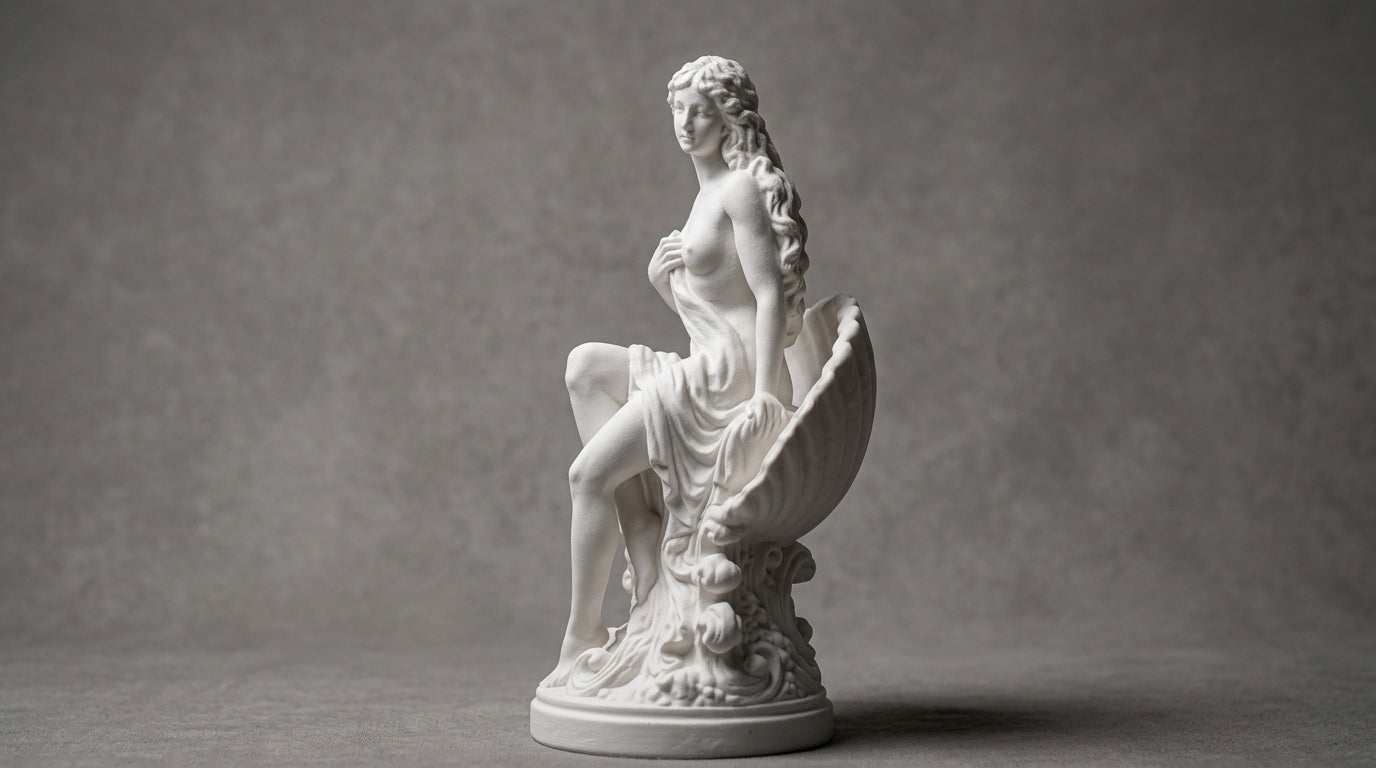 Statua Venere sulla Conchiglia in Resina Bianca Effetto Gesso – Scultura Dea dell'Amore e della Bellezza – Arredo Classico per Casa e Bagno