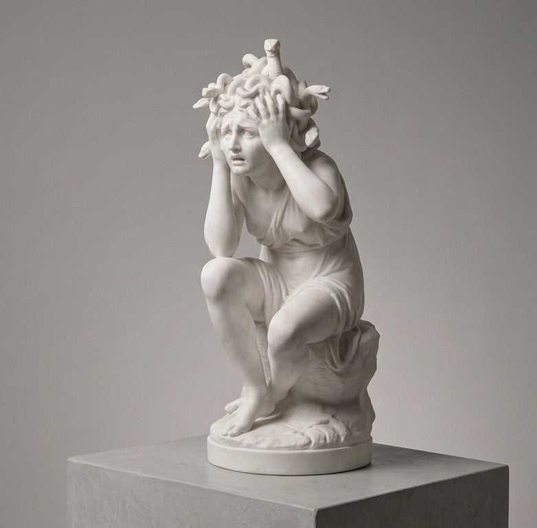 La Metamorfosi di Medusa scultura in marmo bianco con serpenti nella chioma che rappresenta il mito della trasformazione