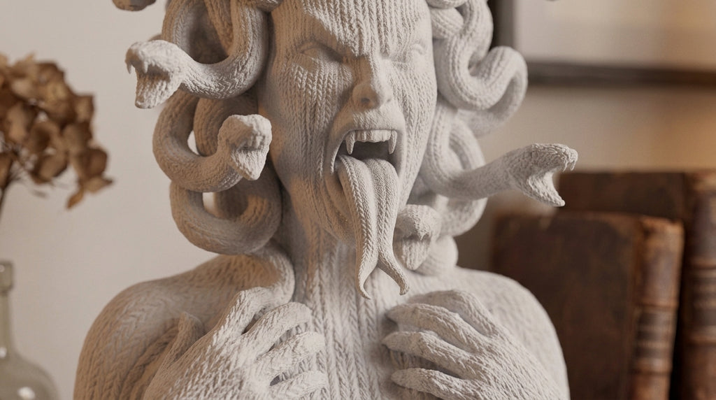 Dettaglio Medusa urlante resina bianca con serpenti, decor dark academia