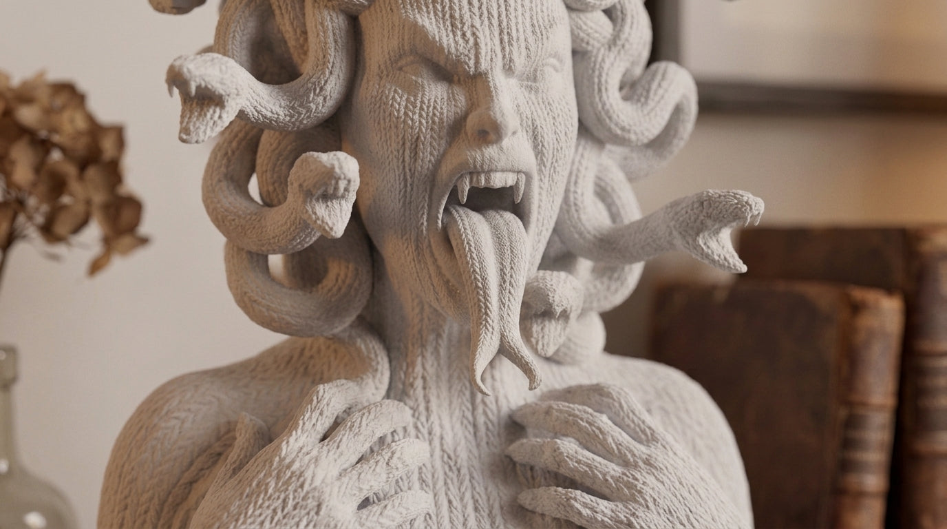 Dettaglio Medusa urlante resina bianca con serpenti, decor dark academia