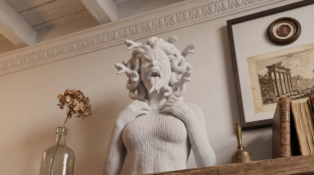 Scultura Medusa urlante bianca effetto maglia su mensola, idea regalo Halloween gotico