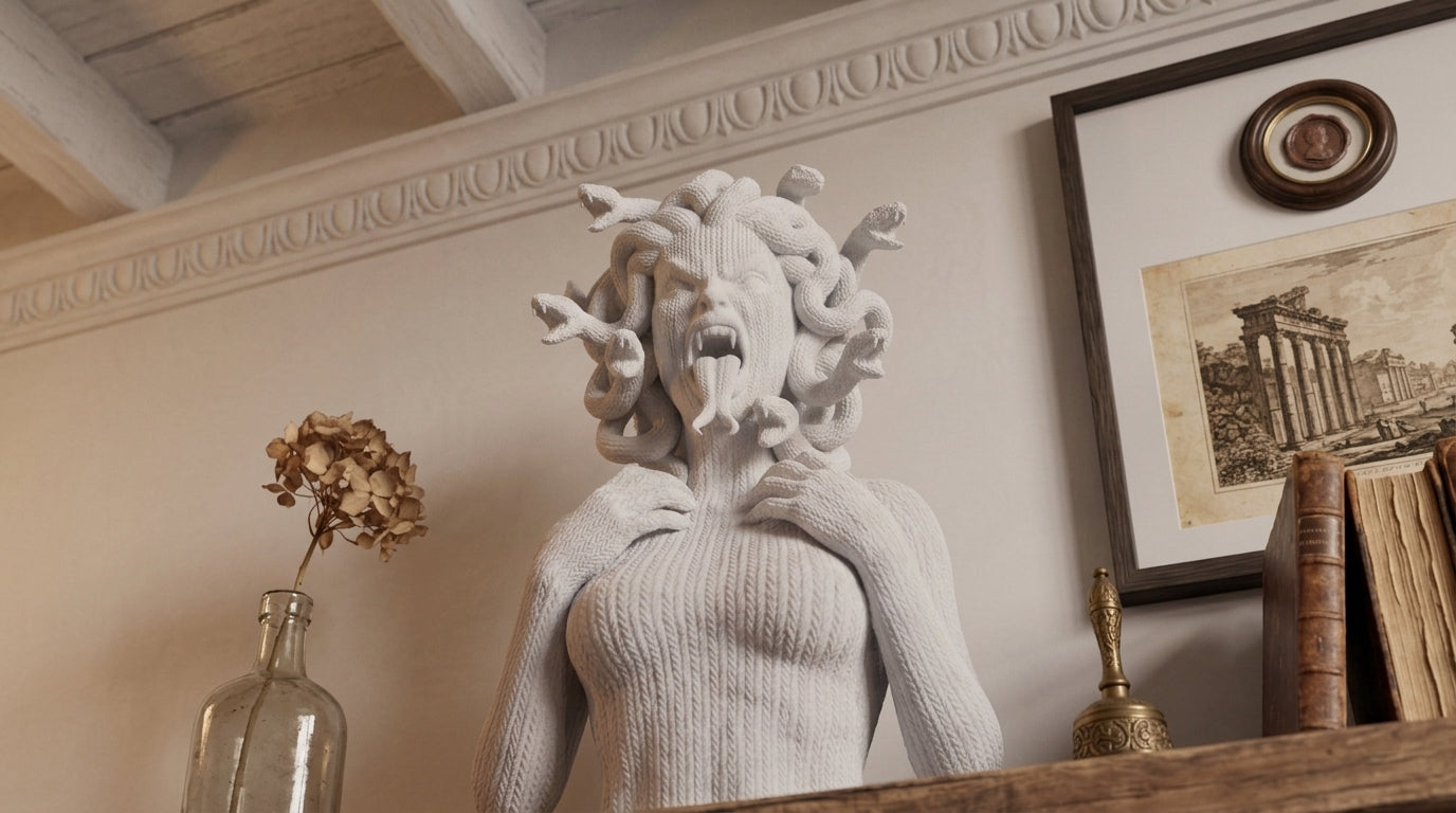 Scultura Medusa urlante bianca effetto maglia su mensola, idea regalo Halloween gotico