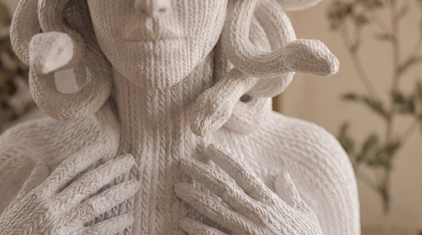 Dettaglio texture a maglia della scultura Medusa in resina bianca, decorazione casa minimalista