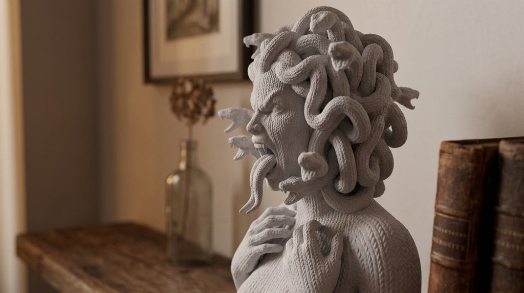 Busto Medusa resina bianca con serpenti scolpiti, scultura mitologia greca per mensola