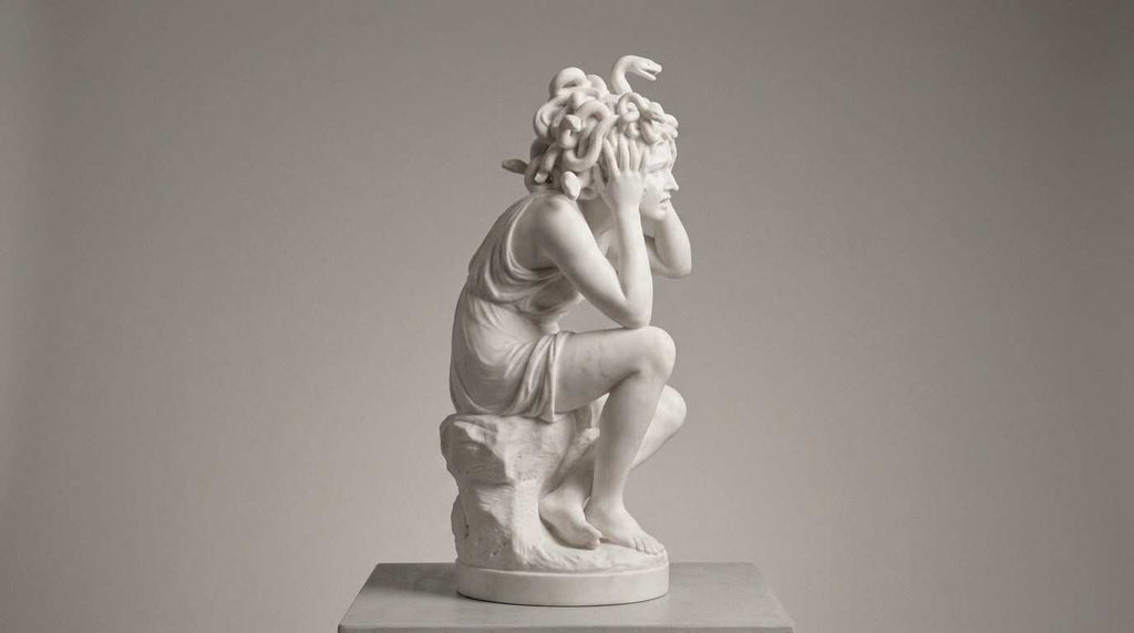 Scultura in marmo bianco che raffigura La Metamorfosi di Medusa con dettagli drammatici e serpenti sulla chioma