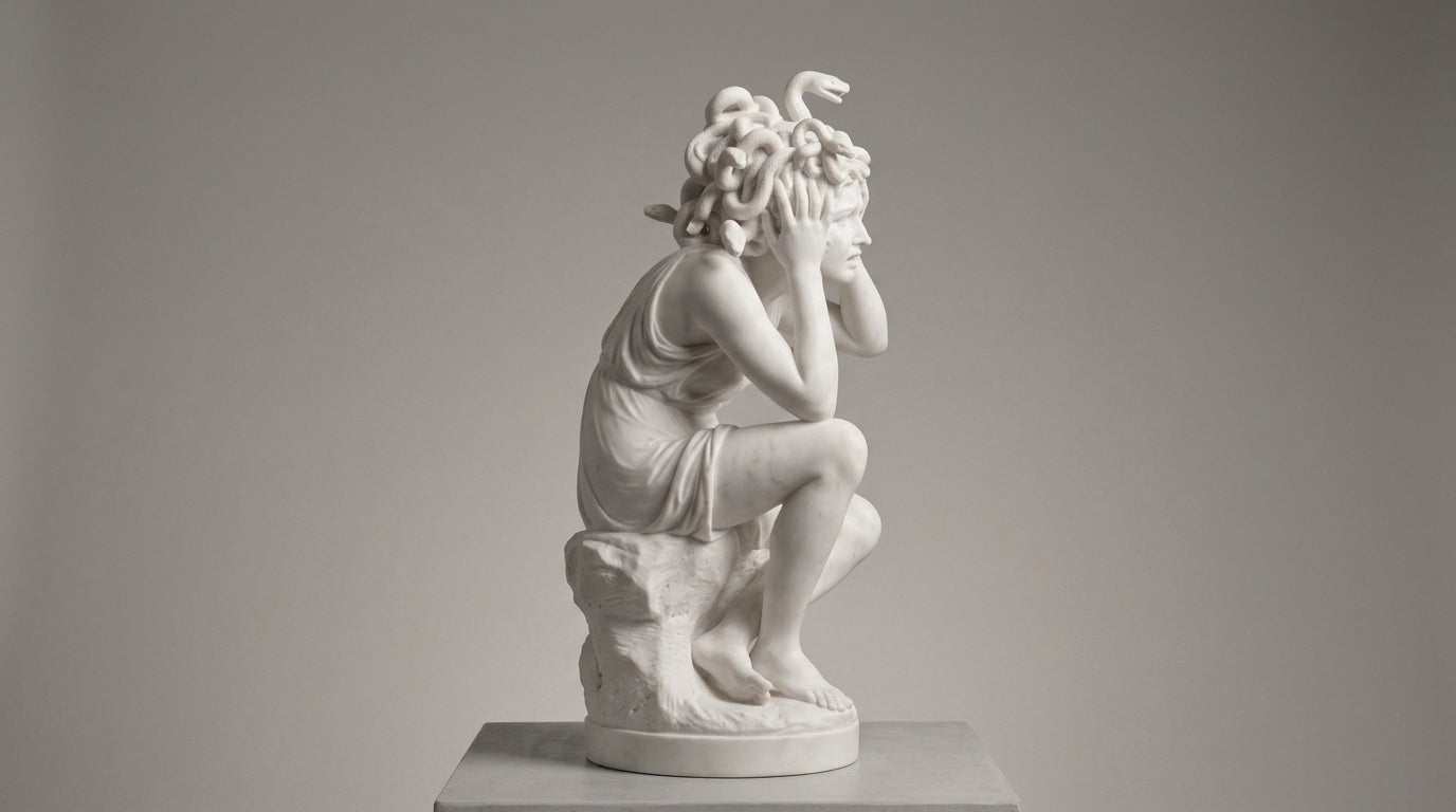 Scultura in marmo bianco che raffigura La Metamorfosi di Medusa con dettagli drammatici e serpenti sulla chioma