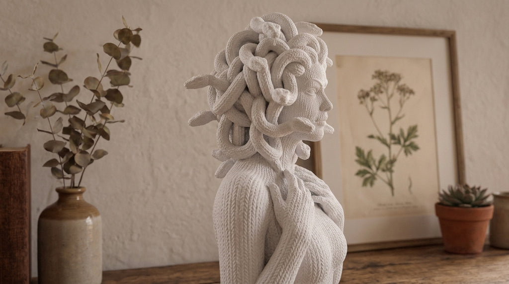 Scultura Medusa bianca effetto maglia, idea regalo mitologia greca per lei