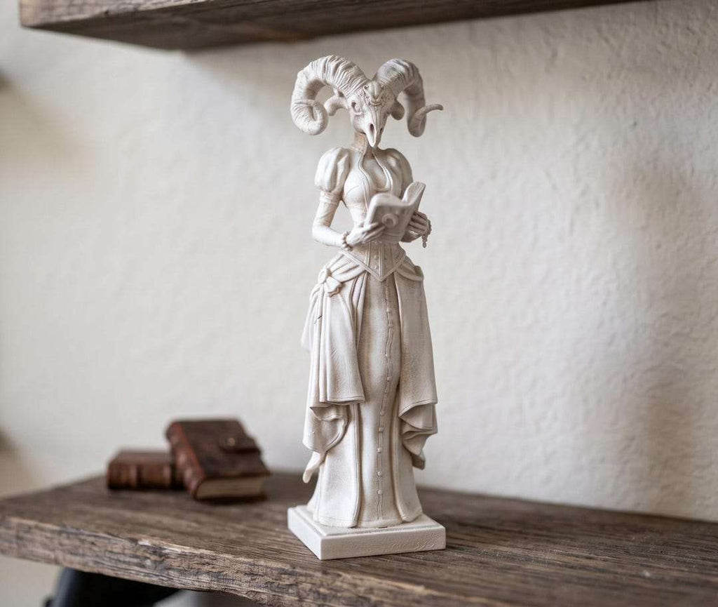 Statua spirituale effetto gesso bianco avorio: figura gotica con testa cornuta che legge un libro su mensola in legno