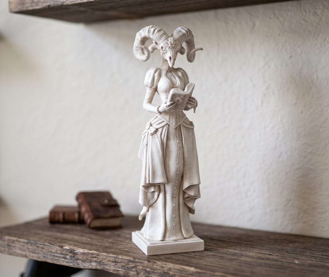 Statua spirituale effetto gesso bianco avorio: figura gotica con testa cornuta che legge un libro su mensola in legno