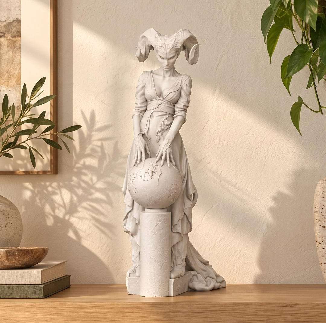 Statua di Lilith effetto gesso bianco: figura gotica con grandi corna d'ariete e mani su una sfera, su mensola in legno