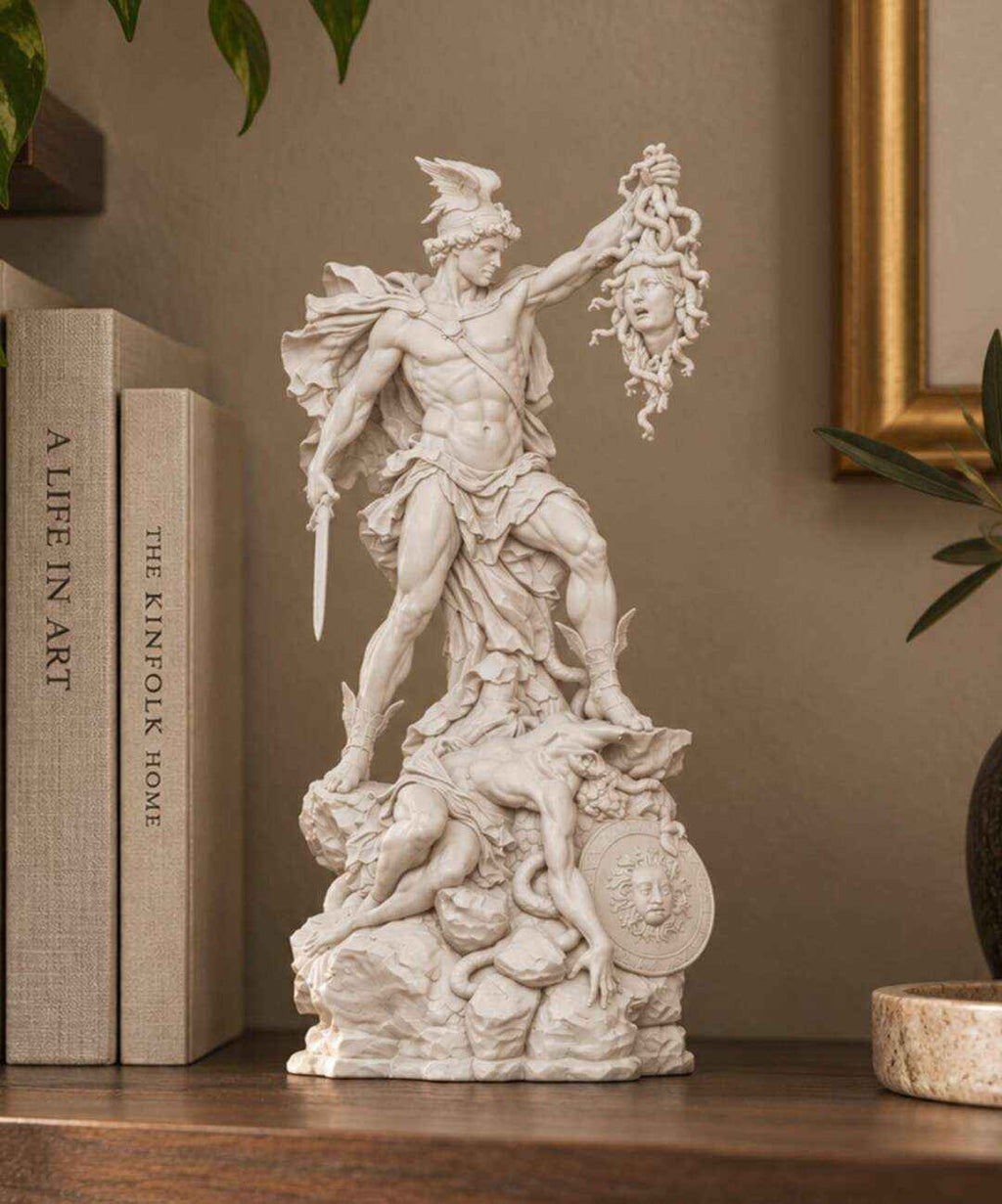 Statua Perseo con la Testa di Medusa Effetto Gesso Bianco — Scultura Mitologica Classica