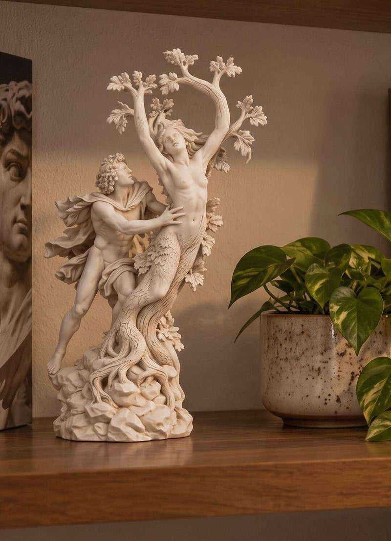 Statua Apollo e Dafne Effetto Gesso Bianco — Scultura Mitologica della Metamorfosi in Alloro