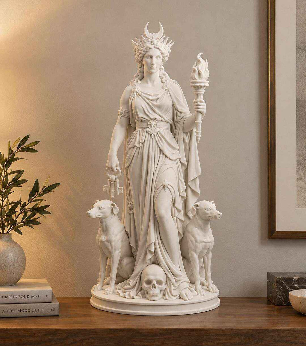 Statua Dea Ecate Effetto Gesso Bianco — Scultura con Torcia, Chiavi, Cani e Teschio, Decor Esoterico