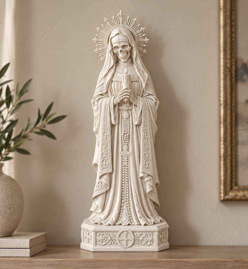 Statua Santa Muerte Effetto Gesso Bianco — Custode della Fiamma con Candela e Rosario, Decor Gotico