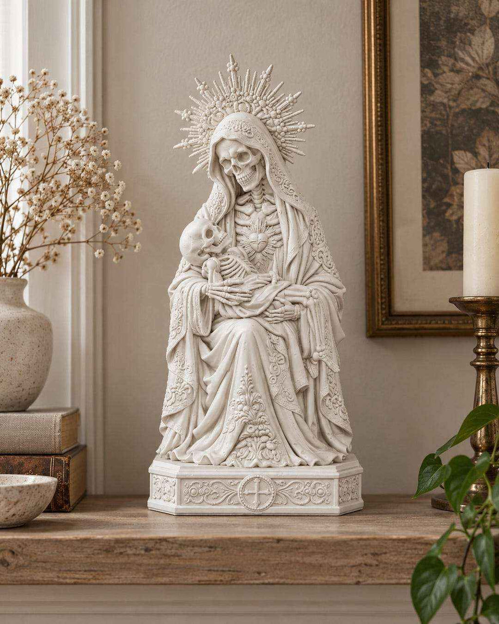 Statua Santa Muerte Effetto Gesso Bianco — Pietà Gotica con Scheletro in Braccio, Memento Mori
