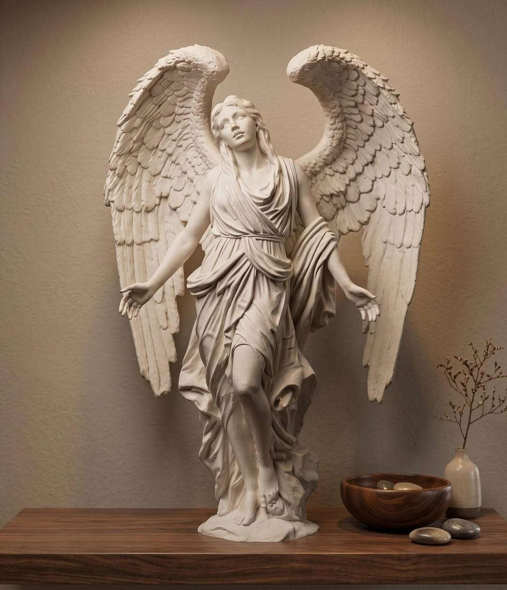 Statua di angelo effetto gesso bianco avorio con tunica drappeggiata e grandi ali spiegate su mensola