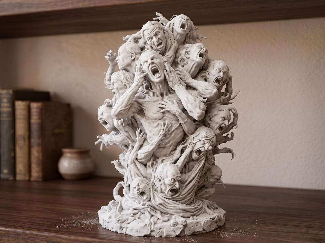 Statua horror effetto gesso con figure umane intrecciate e volti urlanti, decor gotico