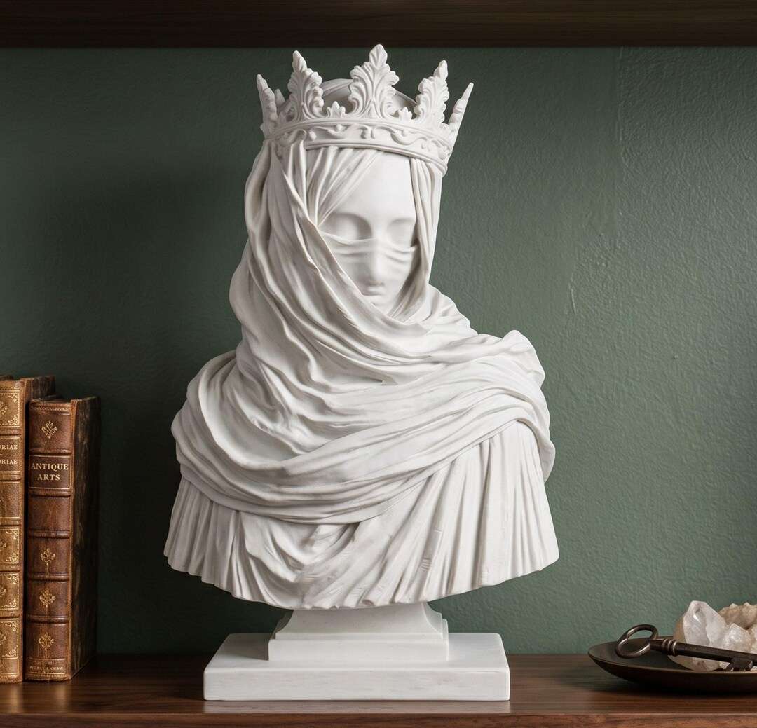 Busto bianco effetto gesso di regina velata con corona su mensola in legno tra libri antichi e cristalli