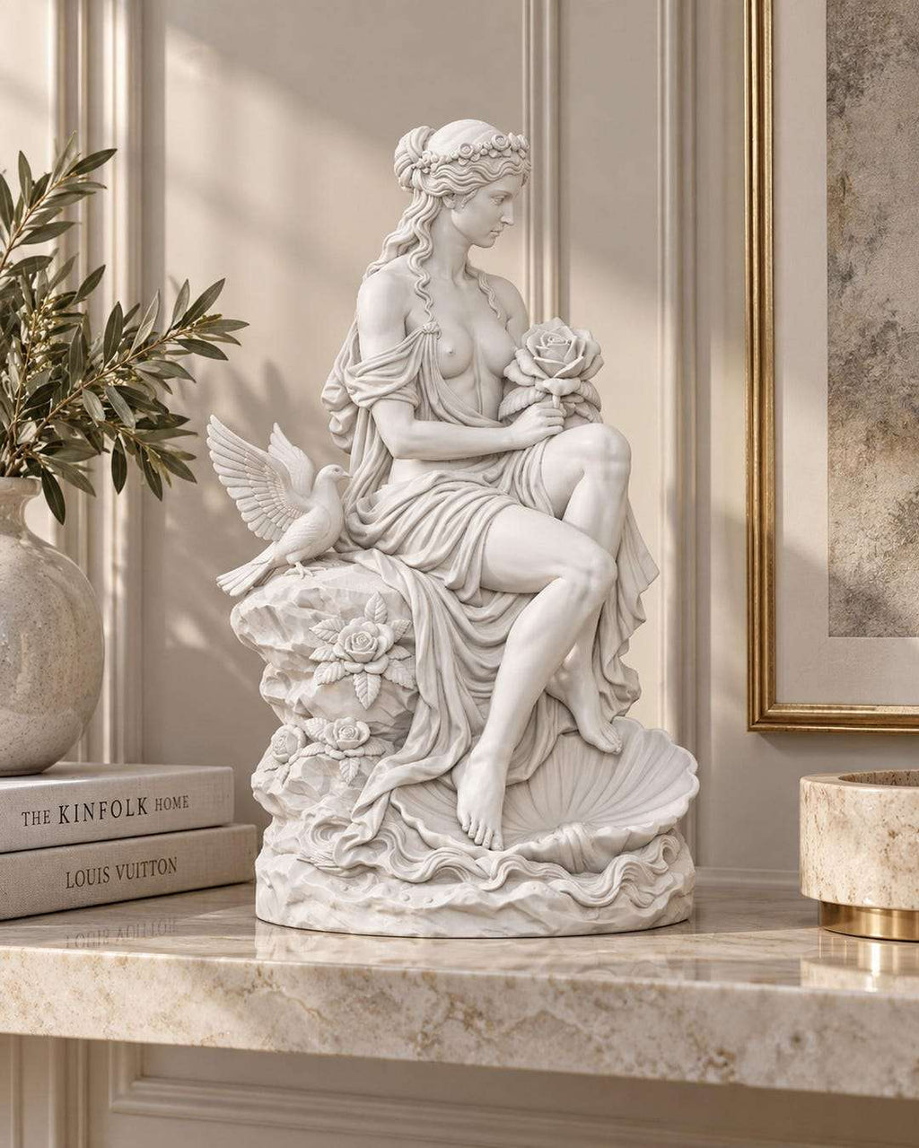 Statua di Venere effetto gesso bianco distesa su conchiglia con rosa, accanto a libri e rami decorativi