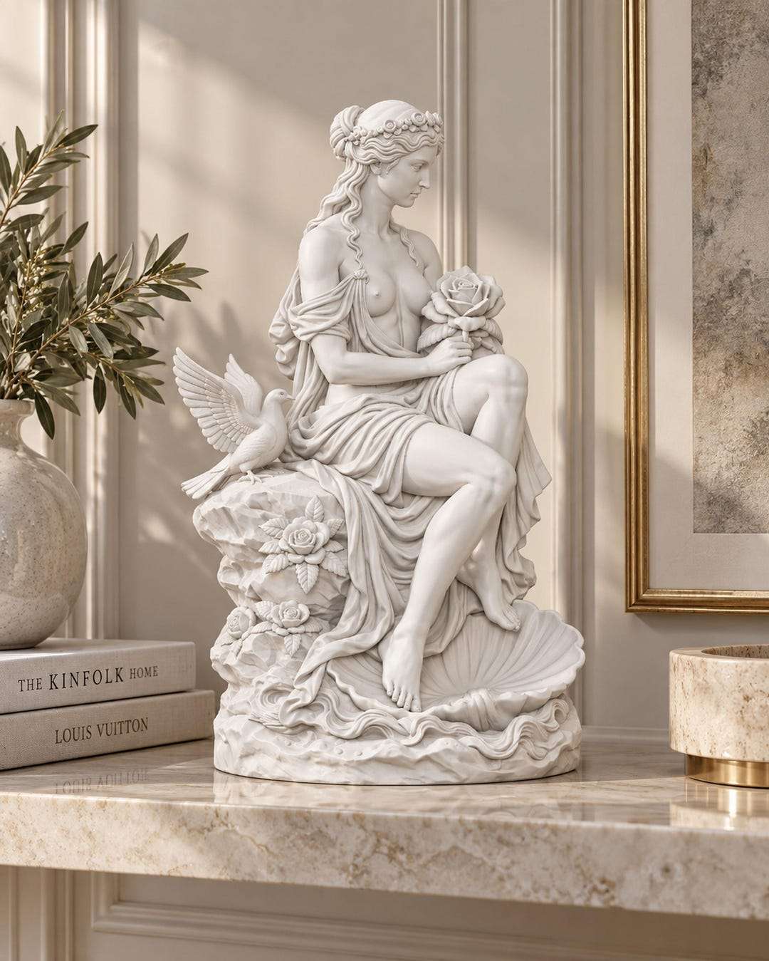 Statua di Venere effetto gesso bianco distesa su conchiglia con rosa, accanto a libri e rami decorativi