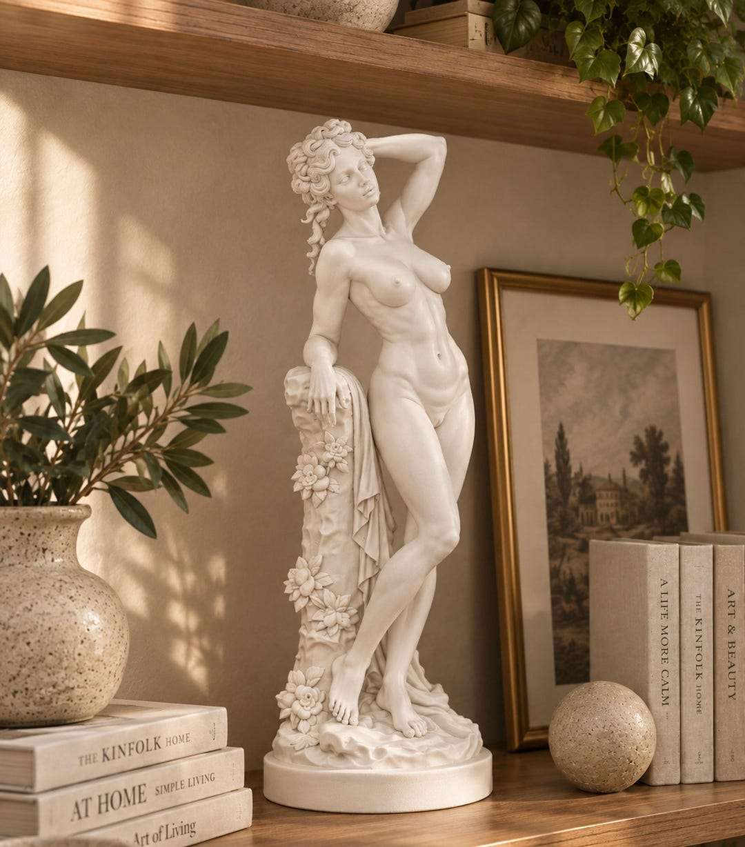 Statua Venere Afrodite bianca effetto gesso appoggiata a una colonna floreale, su mensola in legno con libri
