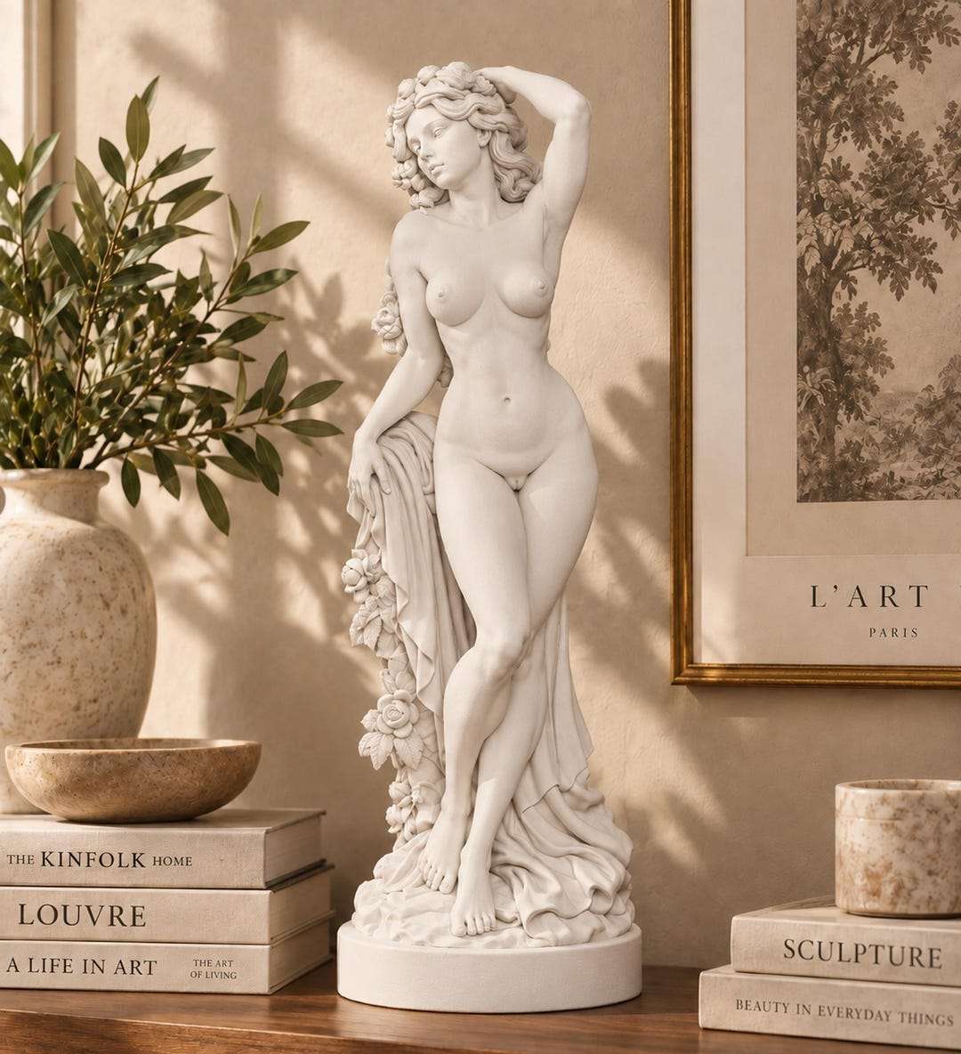Statua di Venere bianca effetto gesso in piedi con fiori tra i capelli e drappeggio, su mobile tra libri e piante