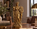 Statua Persefone dorata effetto oro con corona di spighe e luna, melograno e fascio di spighe, su scrivania in legno
