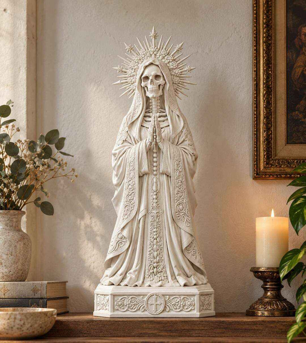 Statua Santa Muerte Effetto Gesso Bianco — Scheletro con Rosario e Corona a Raggi, Decor Gotico