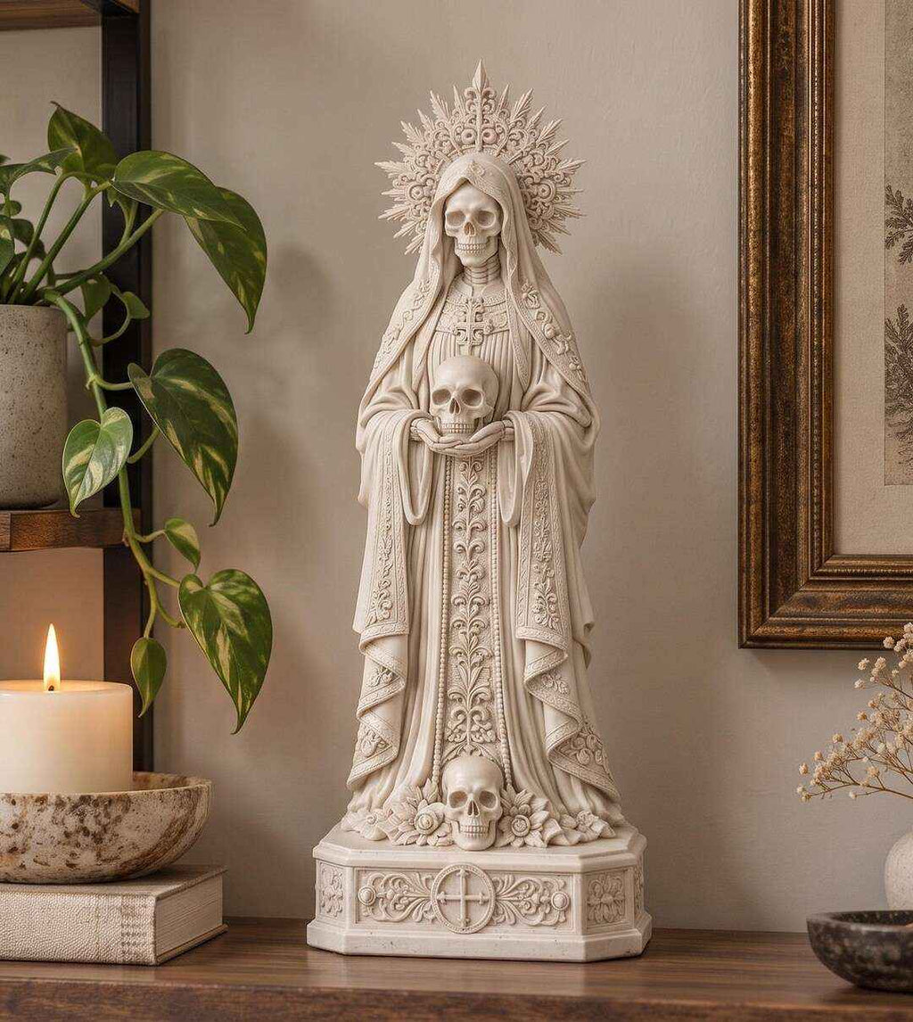 Statua Gotica di Santa con Due Teschi Effetto Gesso Bianco — Figura Incappucciata con Aureola, Memento Mori
