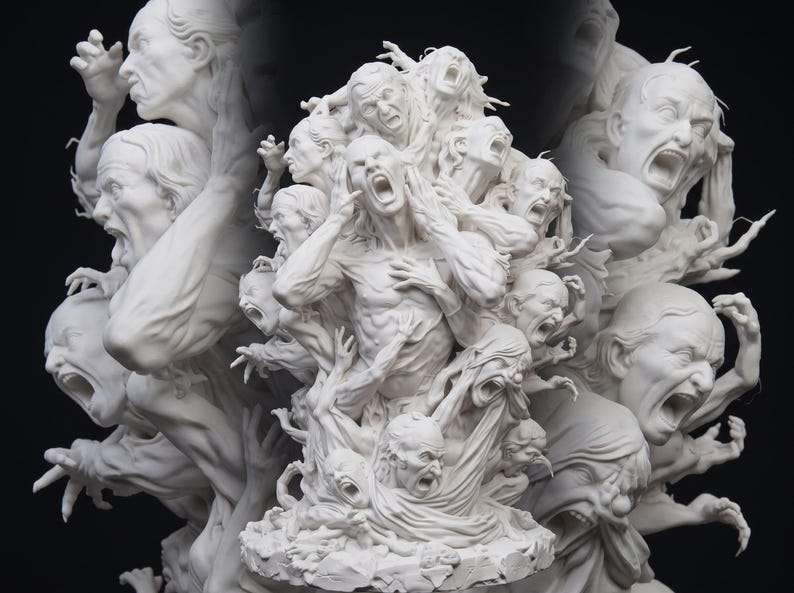 Primo piano su fondo nero della scultura horror con volti e mani in un urlo di disperazione