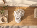 Vista dall'alto della statua bianca di Lilith con corna, affiancata da libri e vaso su ripiano in legno