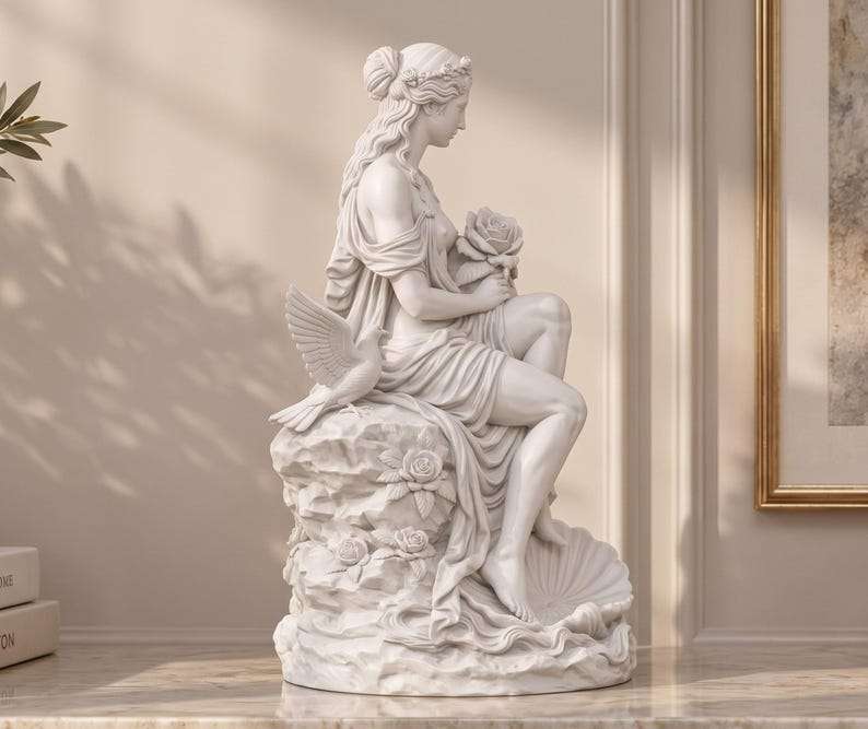 Vista laterale della statua bianca di Venere in stile classico su superficie di marmo beige