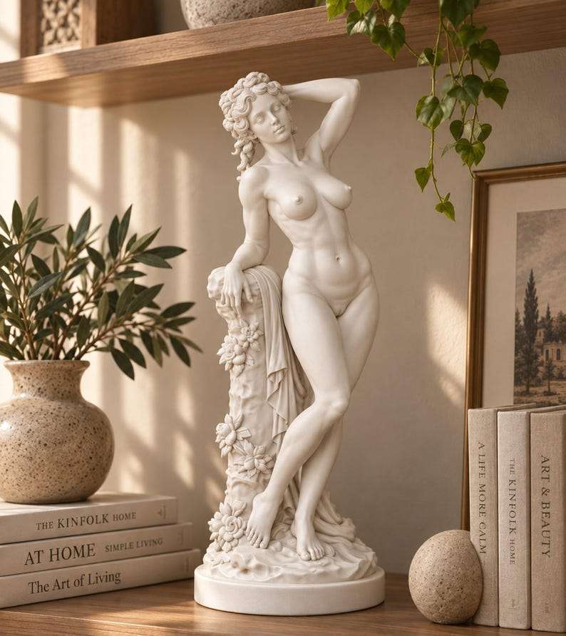 Dettaglio del volto e della posa con il braccio alzato della statua bianca effetto gesso