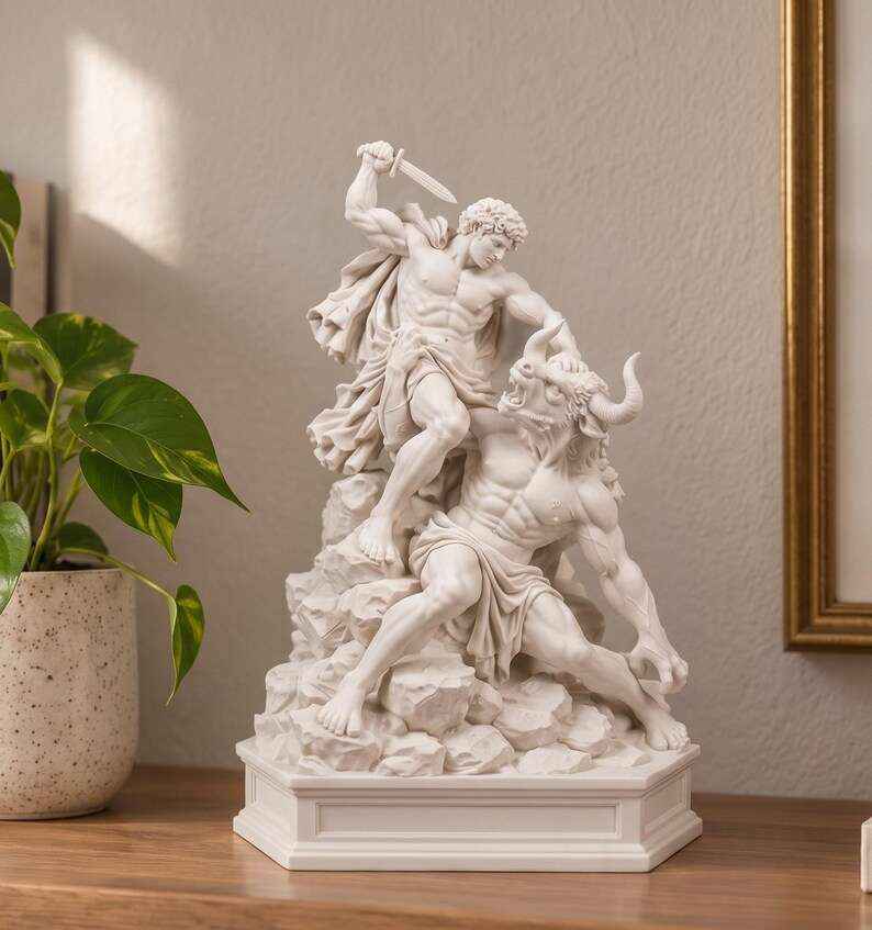 Statua Teseo e il Minotauro Effetto Gesso Bianco — prodotto artigianale — Taraflo