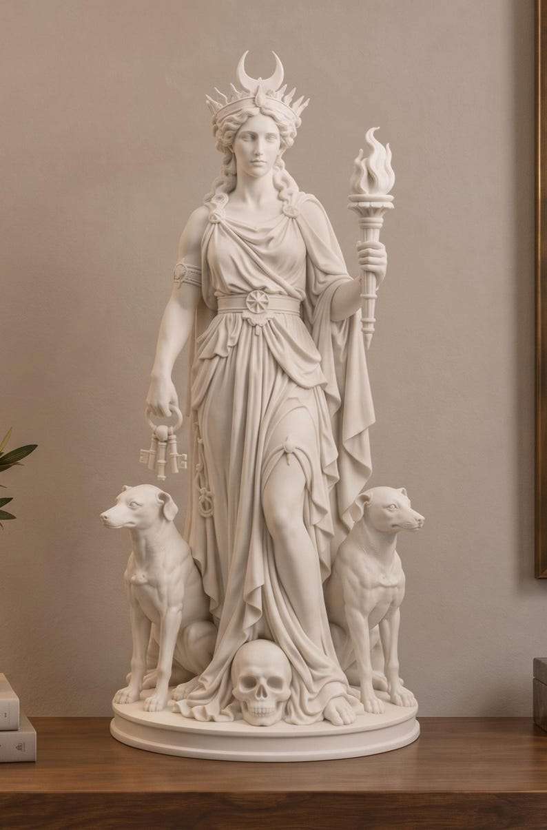 Primo piano frontale della statua della dea con torcia, chiavi, due cani e teschio ai piedi