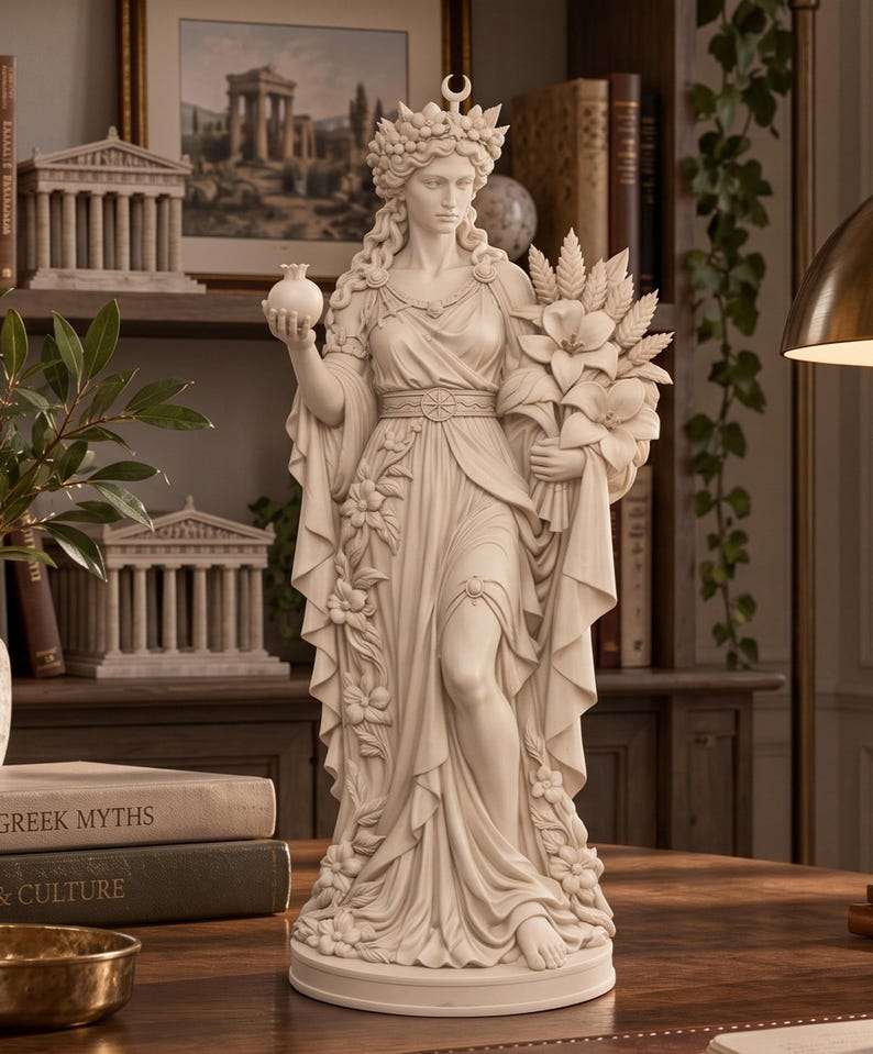 Primo piano frontale della statua della dea Persefone con corona floreale e luna crescente