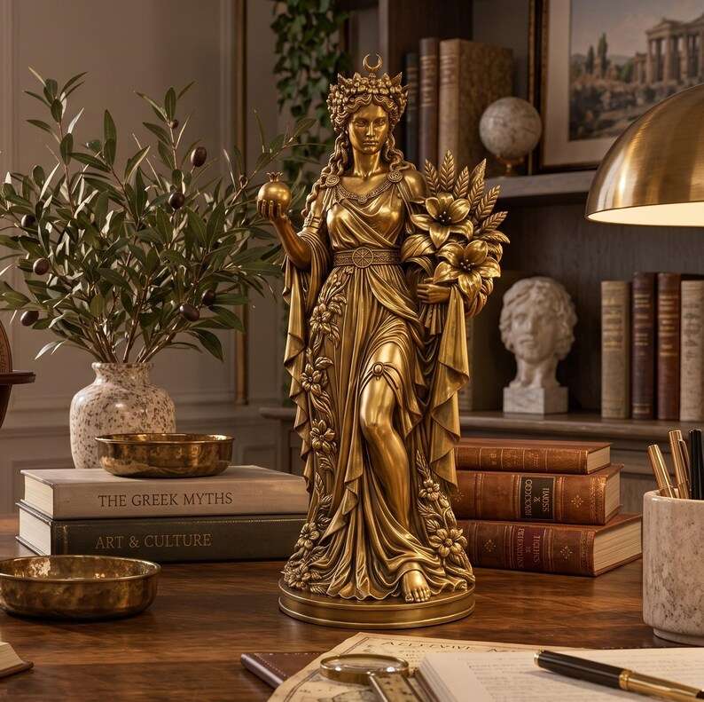 Vista frontale della statua dorata di Persefone tra libri, ciotole in metallo e lampada