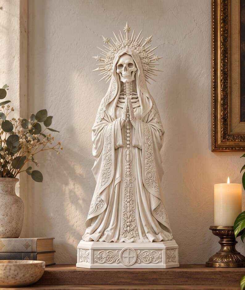 Statua Santa Muerte Effetto Gesso Bianco — Scheletro con Rosario e Corona a Raggi, Decor Gotico