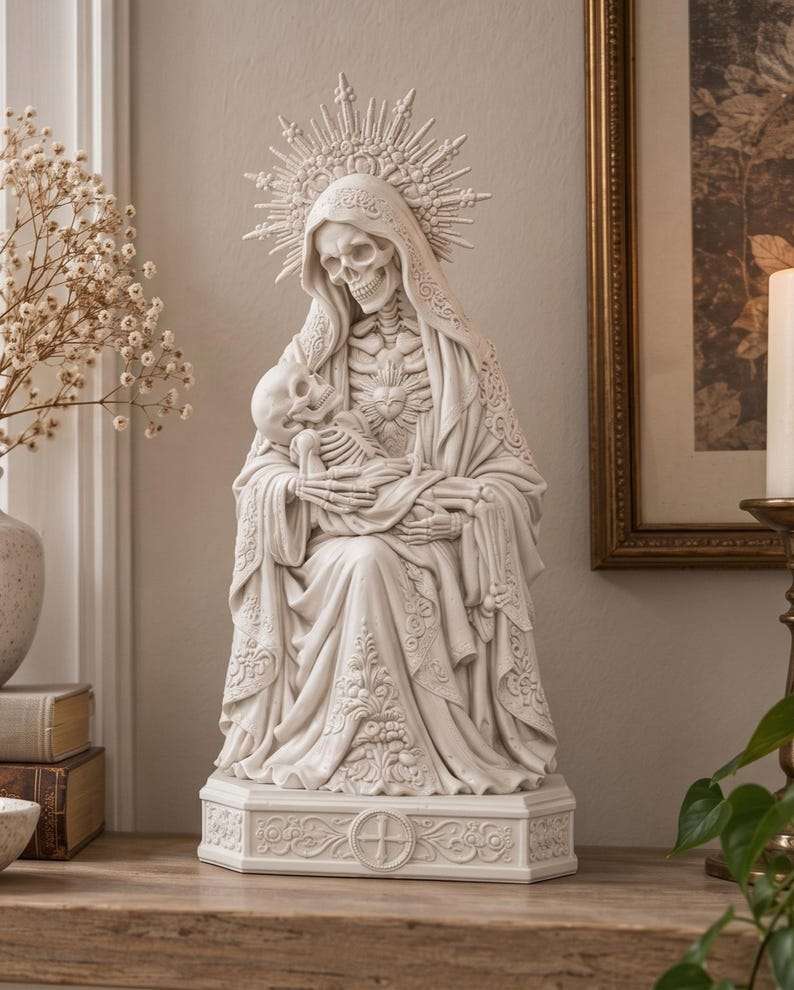 Statua bianca con aureola a raggi che abbraccia un piccolo scheletro, accanto a libri