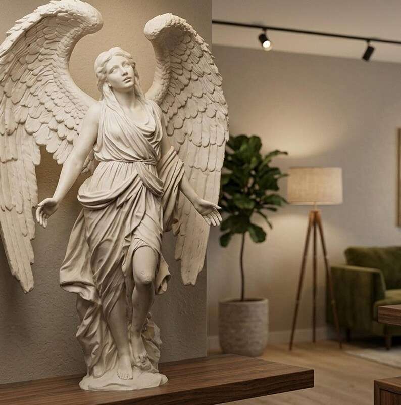 Statua di angelo in gesso bianco con grandi ali aperte, vista di tre quarti