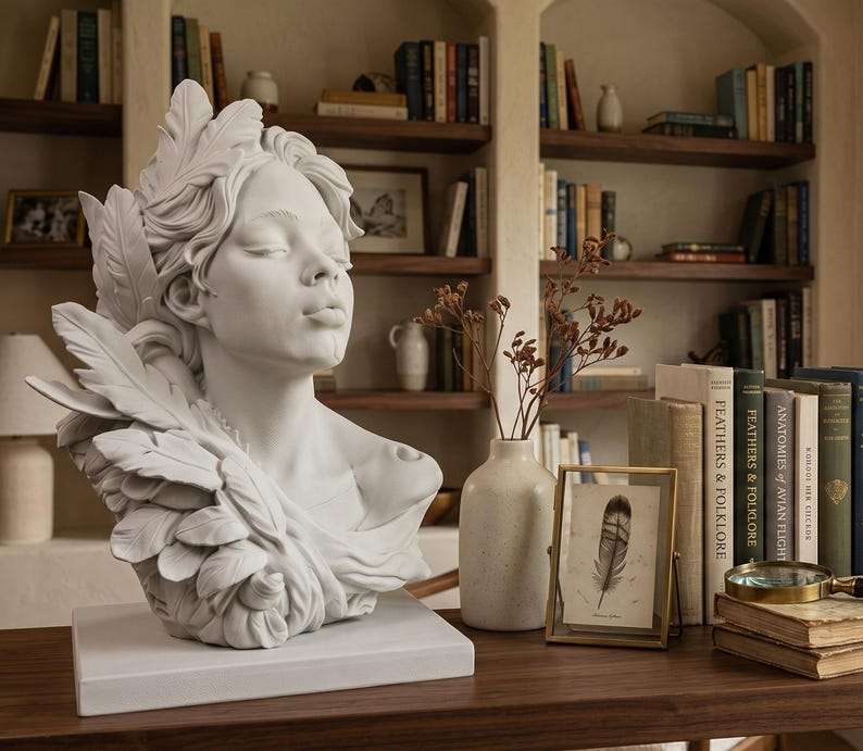Busto scultoreo bianco di profilo su mensola circondato da libri