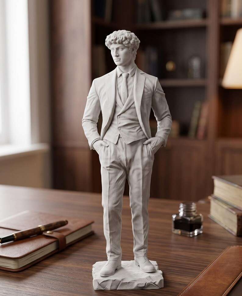 Statua bianca di uomo in abito classico con cravatta e mani in tasca su scrivania in legno
