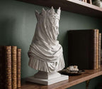 Busto bianco con corona su scaffale in legno con libri antichi sullo sfondo