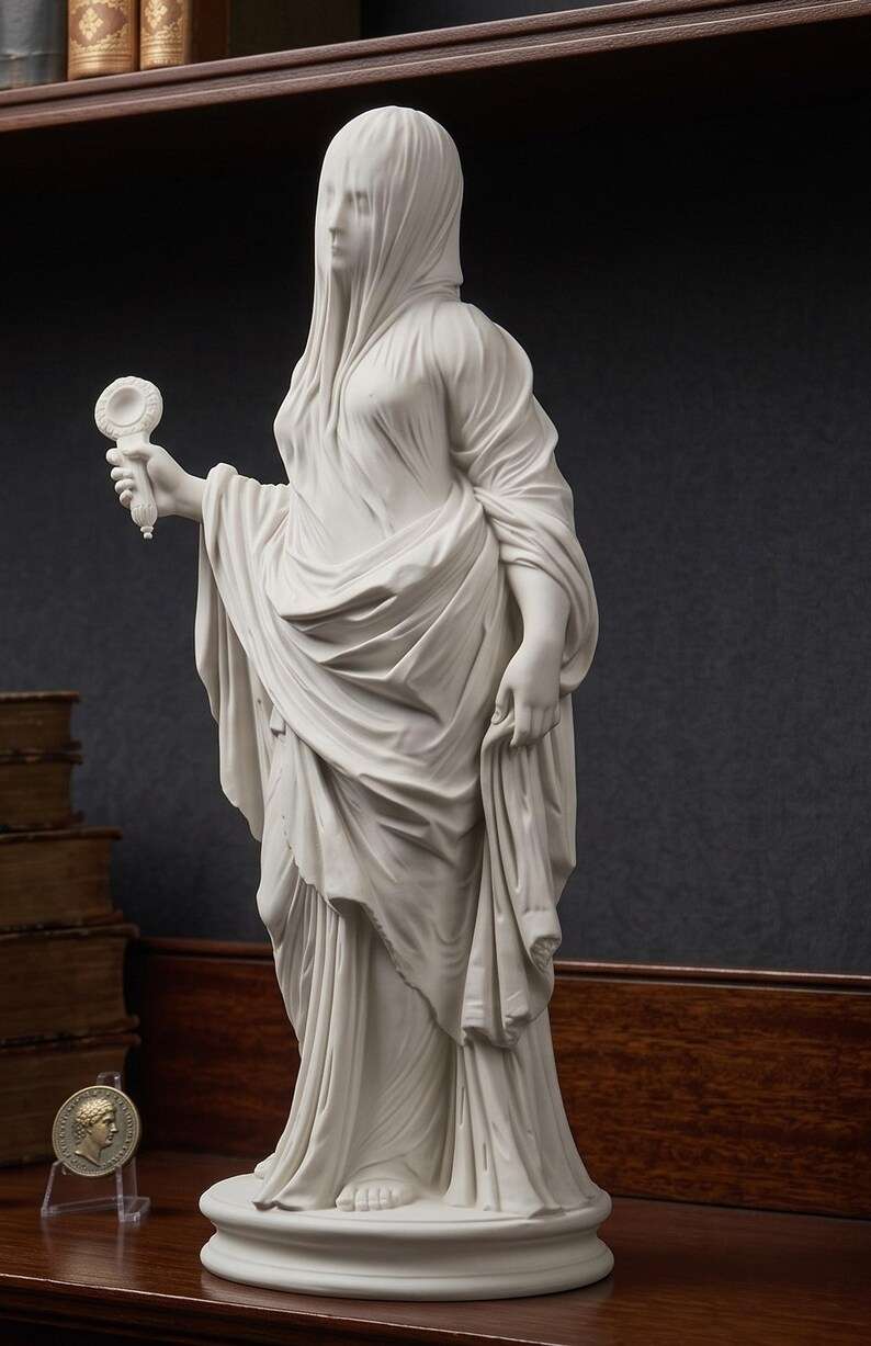 Dettaglio del velo e del panneggio della statua femminile bianca effetto gesso