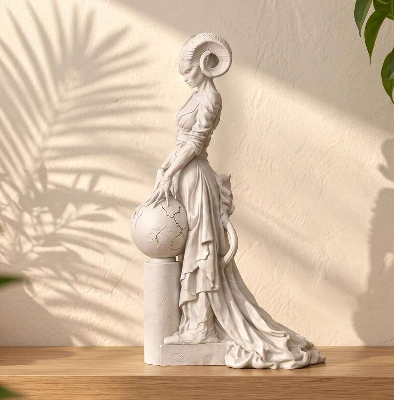Vista di profilo della scultura bianca di Lilith con corna ricurve che tocca una sfera con mappe in rilievo